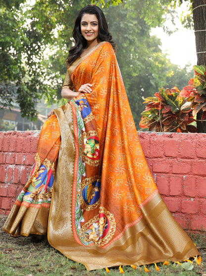 Elegant Orange Pure Viscose Dola Silk Saree with Exquisite Mughal Print Border