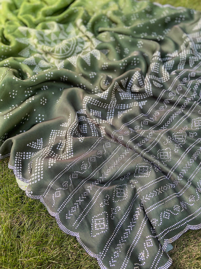 Green Georgette Silk Saree with Ombre Bandhej & Swarovski Stones