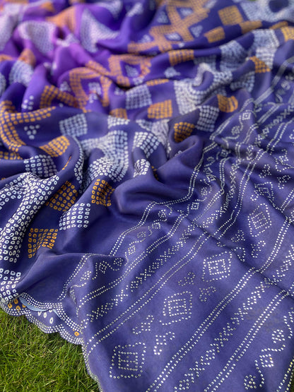 Indigo Georgette Silk Saree with Ombre Bandhej & Swarovski Stones