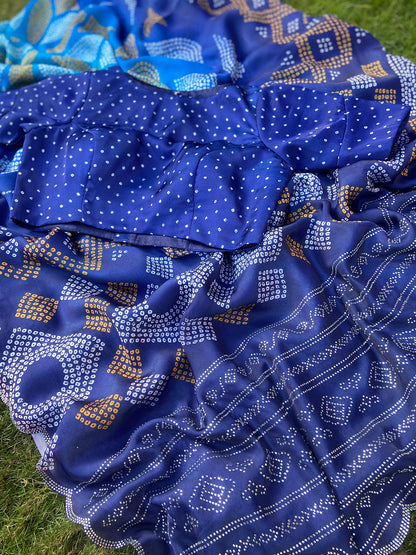 Blue Georgette Silk Saree with Ombre Bandhej & Swarovski Stones