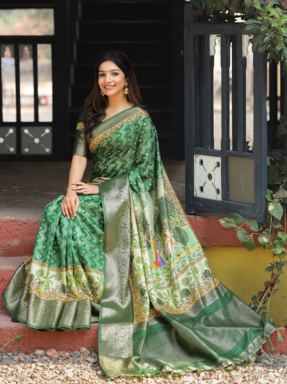 Luxe Green Viscose Dola Silk Saree with Pichwai Kalamkari Print