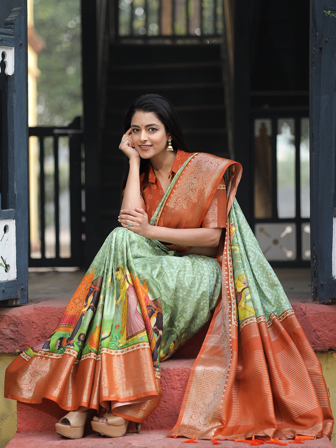 Elegant Pista Pure Viscose Dola Silk Saree with Exquisite Bandhej Print