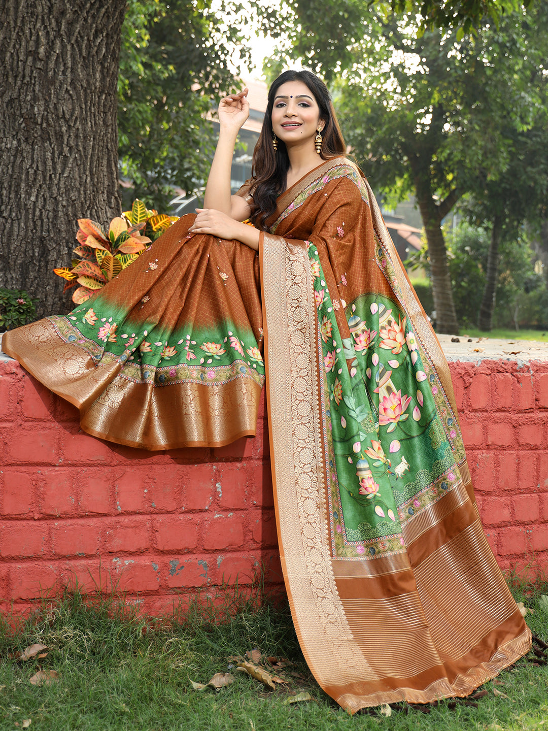 Luxe Brown Viscose Dola Silk Saree with Pichwai Kalamkari Print