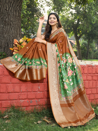 Luxe Brown Viscose Dola Silk Saree with Pichwai Kalamkari Print