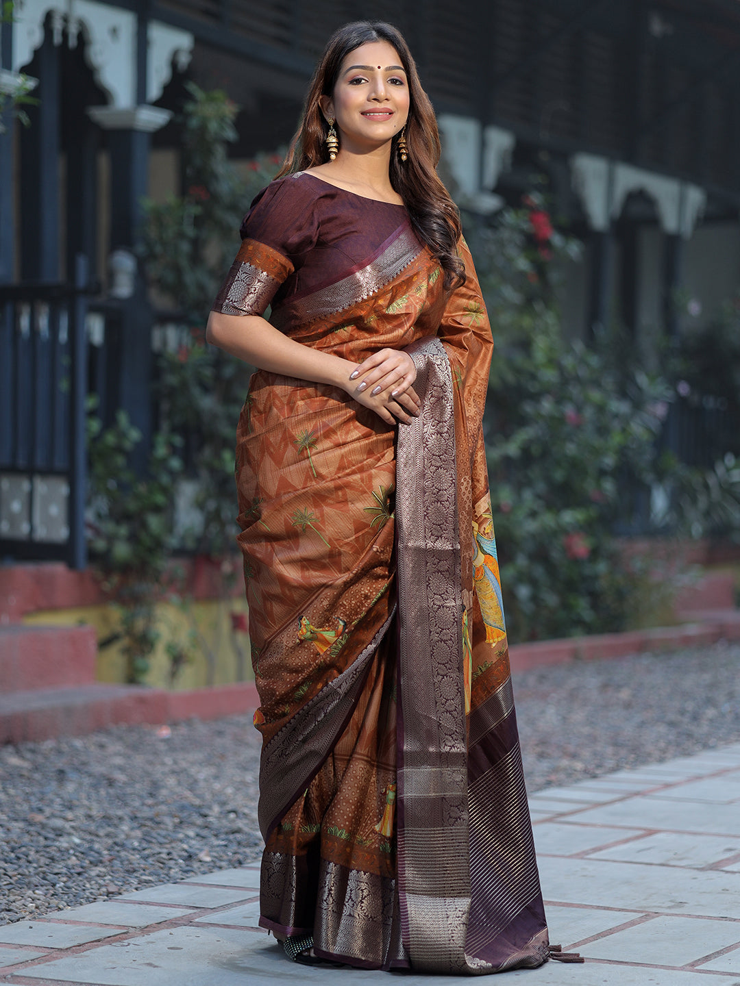 Luxe Coffee Brown Viscose Dola Silk Saree with Pichwai Kalamkari Print