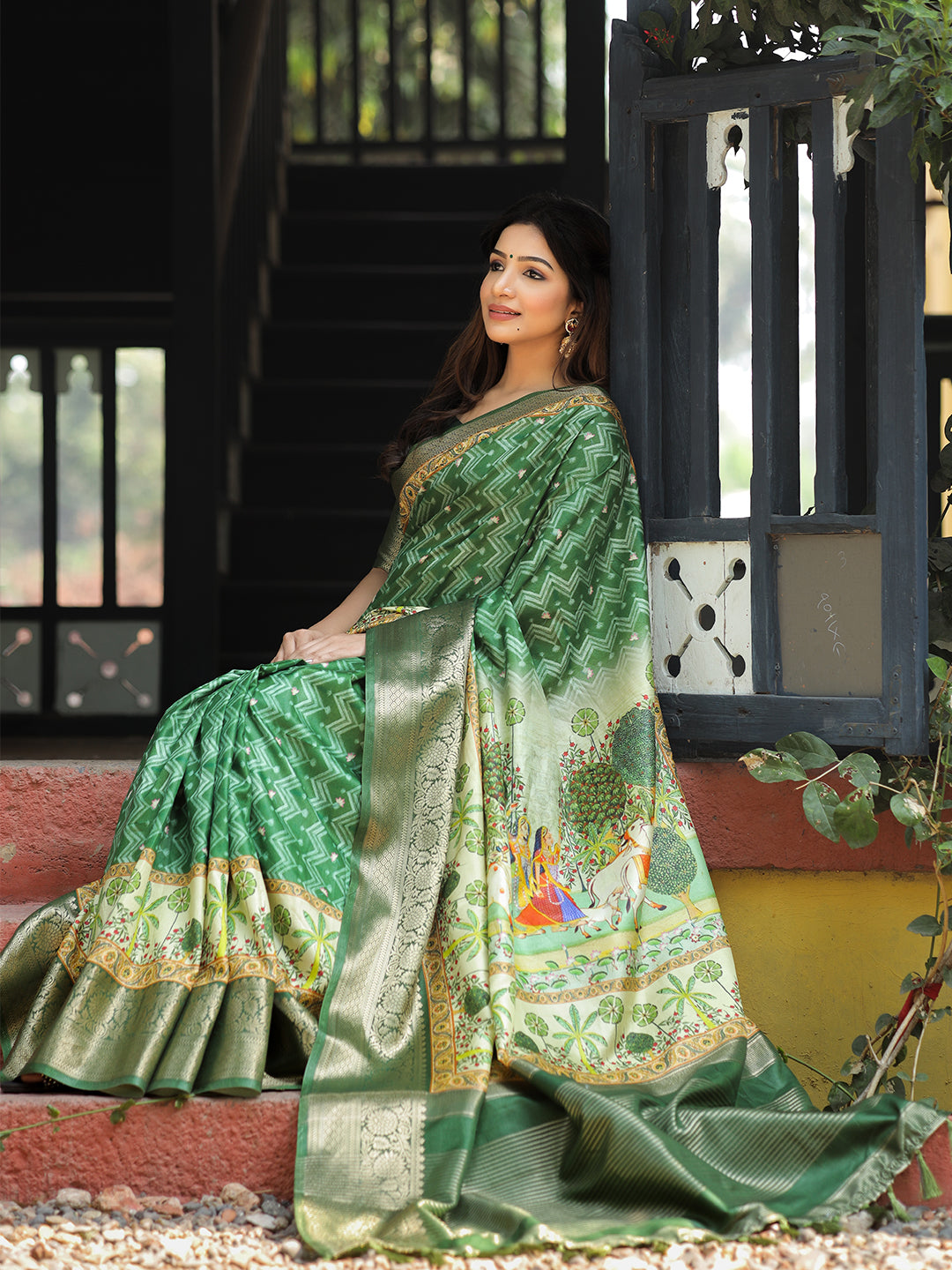 Luxe Green Viscose Dola Silk Saree with Pichwai Kalamkari Print