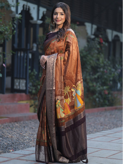 Luxe Coffee Brown Viscose Dola Silk Saree with Pichwai Kalamkari Print