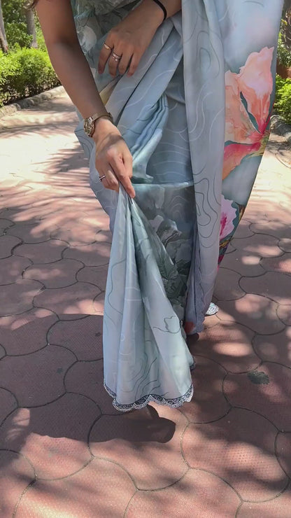 Elegant Light Blue Satin Georgette Saree with Floral Print