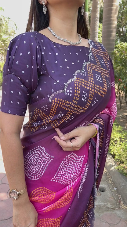 Magenta Georgette Silk Saree with Ombre Bandhej & Swarovski Stones