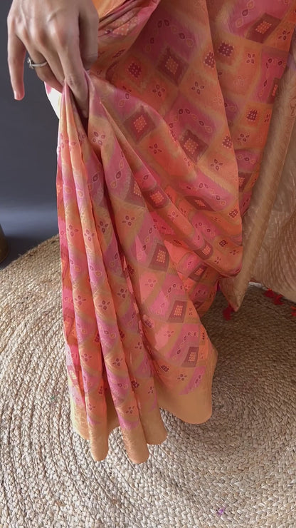 Cherry Pink Block Print Banarasi Katan Silk Saree