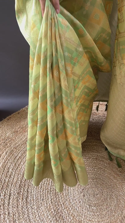 Green Block Print Banarasi Katan Silk Saree