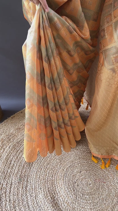 Yellow Block Print Banarasi Katan Silk Saree