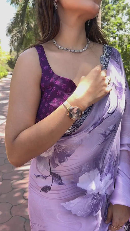 Elegant Purple Satin Georgette Saree with Floral Print