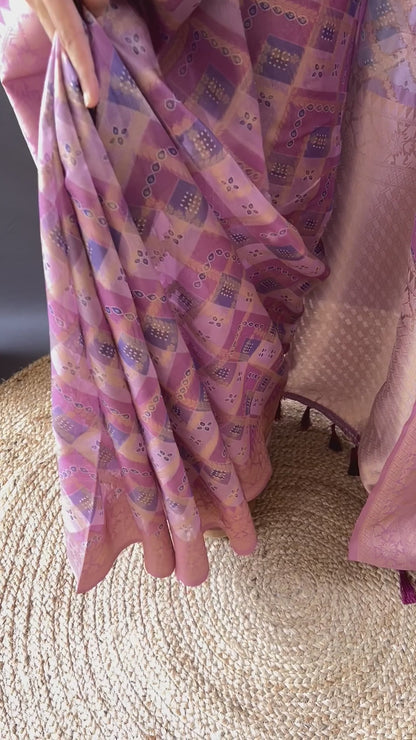 Lavender Block Print Banarasi Katan Silk Saree