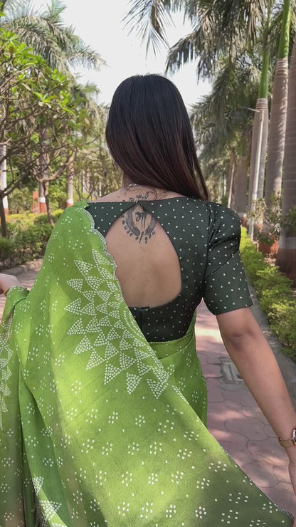 Green Georgette Silk Saree with Ombre Bandhej & Swarovski Stones