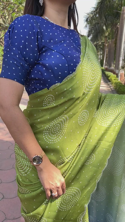 Lime-Green Georgette Silk Saree with Ombre Bandhej & Swarovski Stones