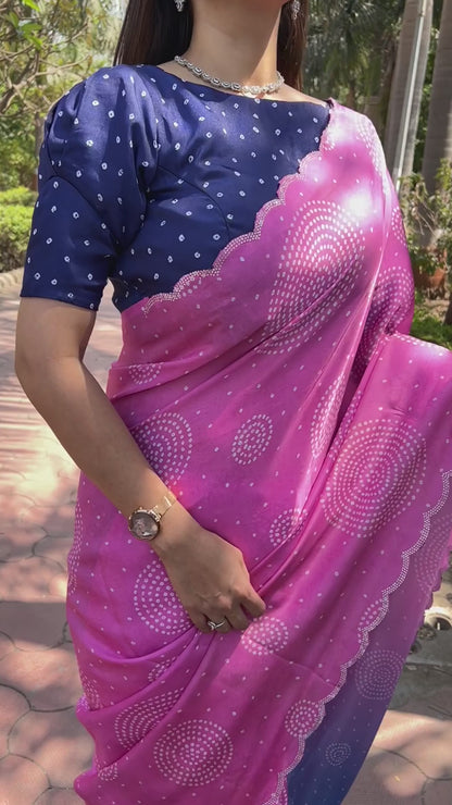 Pink Georgette Silk Saree with Ombre Bandhej & Swarovski Stones