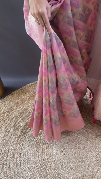 Pink Block Print Banarasi Katan Silk Saree